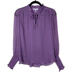 Maison d'Amelie Purple Metallic Stripe Ruffle Neck Smocked Cuff Blouse Small